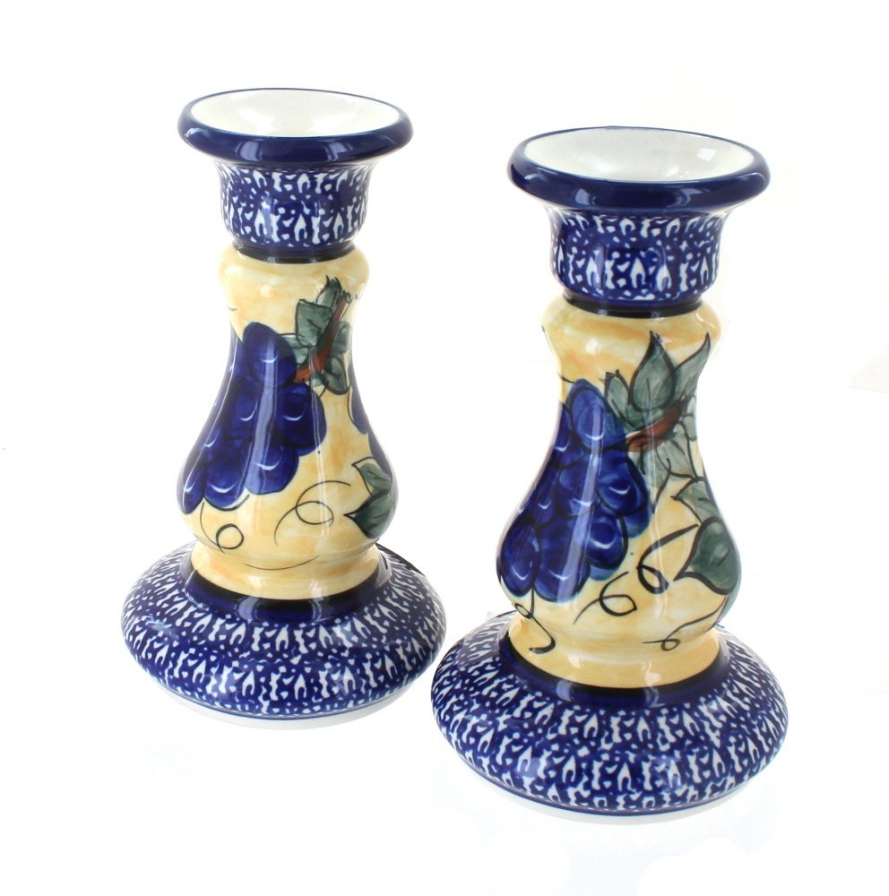 Blue Rose Polish Pottery - Green Mosaic Flower Candlestick Pair - 8" Tall - Hand-Painted Polish Pottery Ceramic Candle Holders