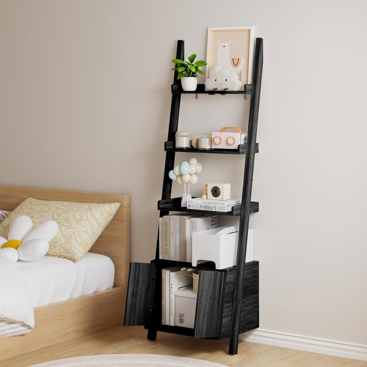 4-Tier Ladder Bookshelf with Storage Cabinet,Display Shelf,Black