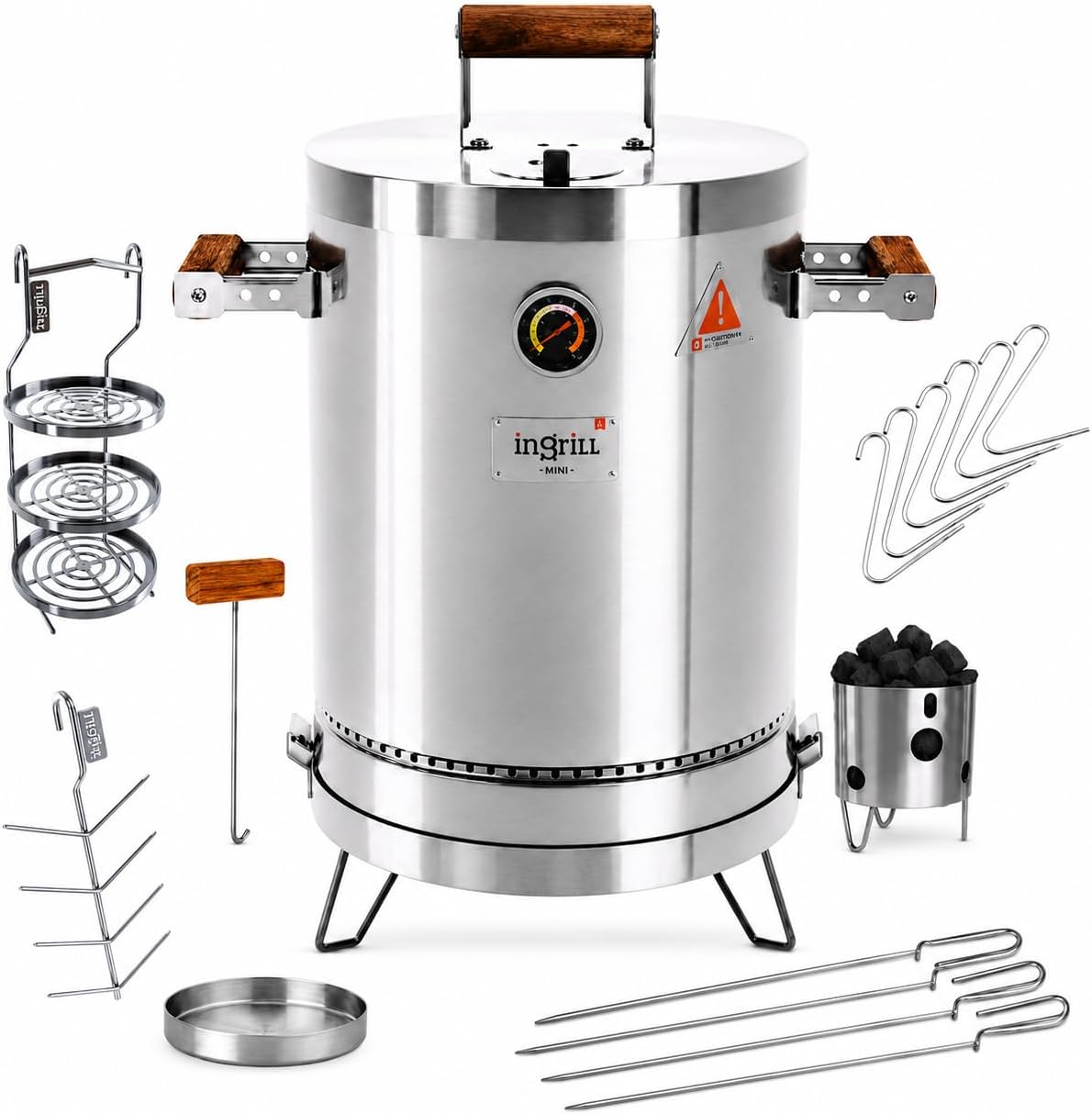 INGRILL Basik Mini 3-in-1 Charcoal Smoker Grill Combo, 6 lb Stainless Steel BBQ Barrel with 6 Hooks, Handling Hook, Ash Tray, Charcoal Basket, Grill Grate, Burger Rack, 4 Skewers & Fishbone Rack
