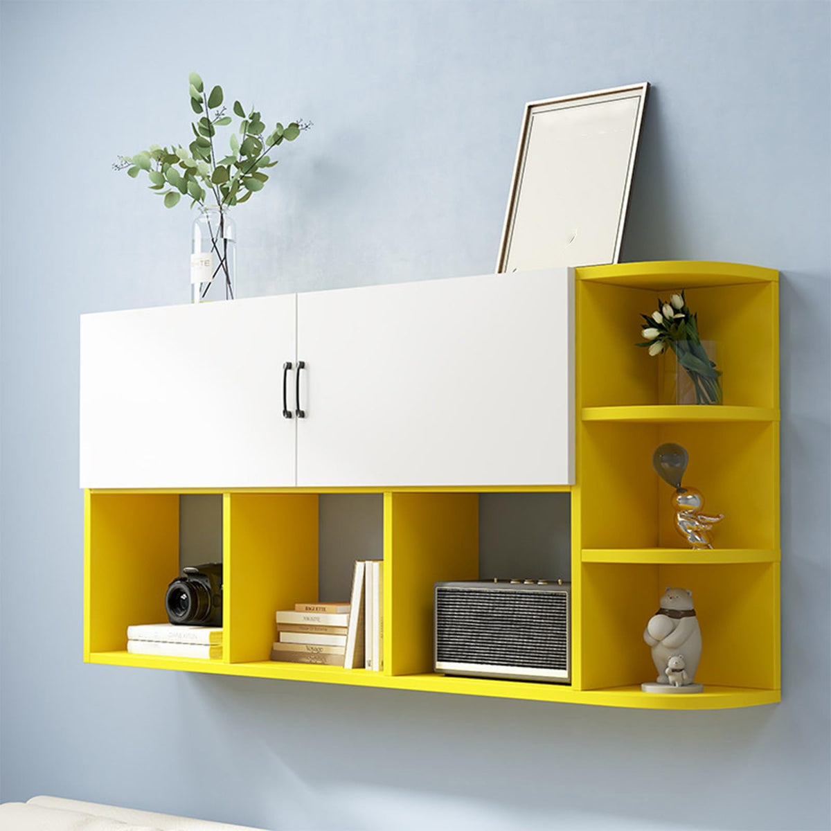Floating Wall Storage Cabinet, Wall Mounted Bookshelf with Cabinet Doors and Open Shelving, Corner Wall Organizer for Bedroom Living Room Home Office(Black,120x65cm/47.2x25.6in)