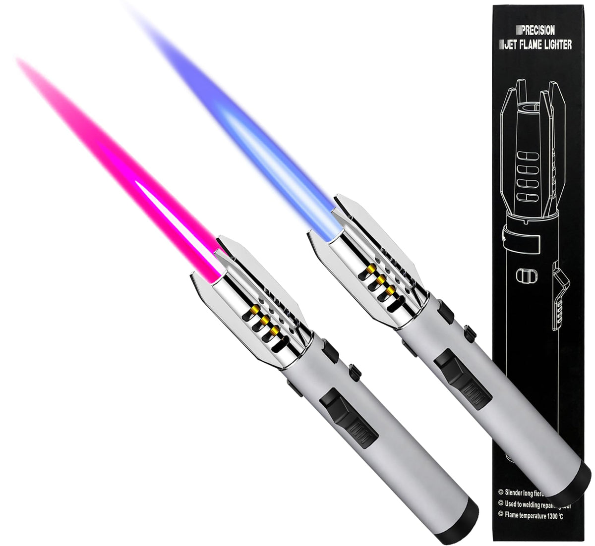 Torch Lighter 2 Pack Red+Blue Straight Flame Long Torch Lighter Bright Fire Butane Refillable Windproof with Flame Adjustable and Safety Lock for Camping Candles Cooking Outdoor Gift, 8"(Without Fuel)