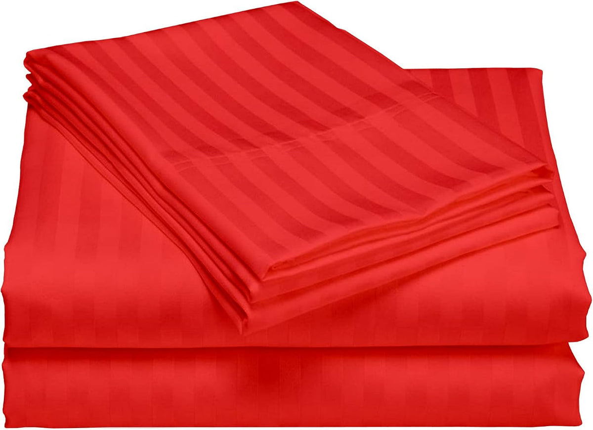 USA Full Sheet Set in Blood Red Stripe 400 Thread-Count 100% Egyptian Long Staple Cotton, Sateen Weave for Soft and Silky Feel, Breathable 4-Piece Bedsheet, Elasticized 24'' Extra Deep Pocket