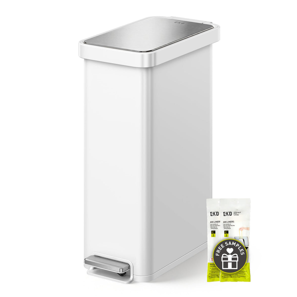 EKO Hudson Slim 50L / 13.2 Gallon Kitchen Trash Can with Lid, Stainless Steel Step Garbage Can for Kitchen or Home, Space-Saving Garbage Can with Soft Close Lid, Stay-Open, Liner Ring, Handle