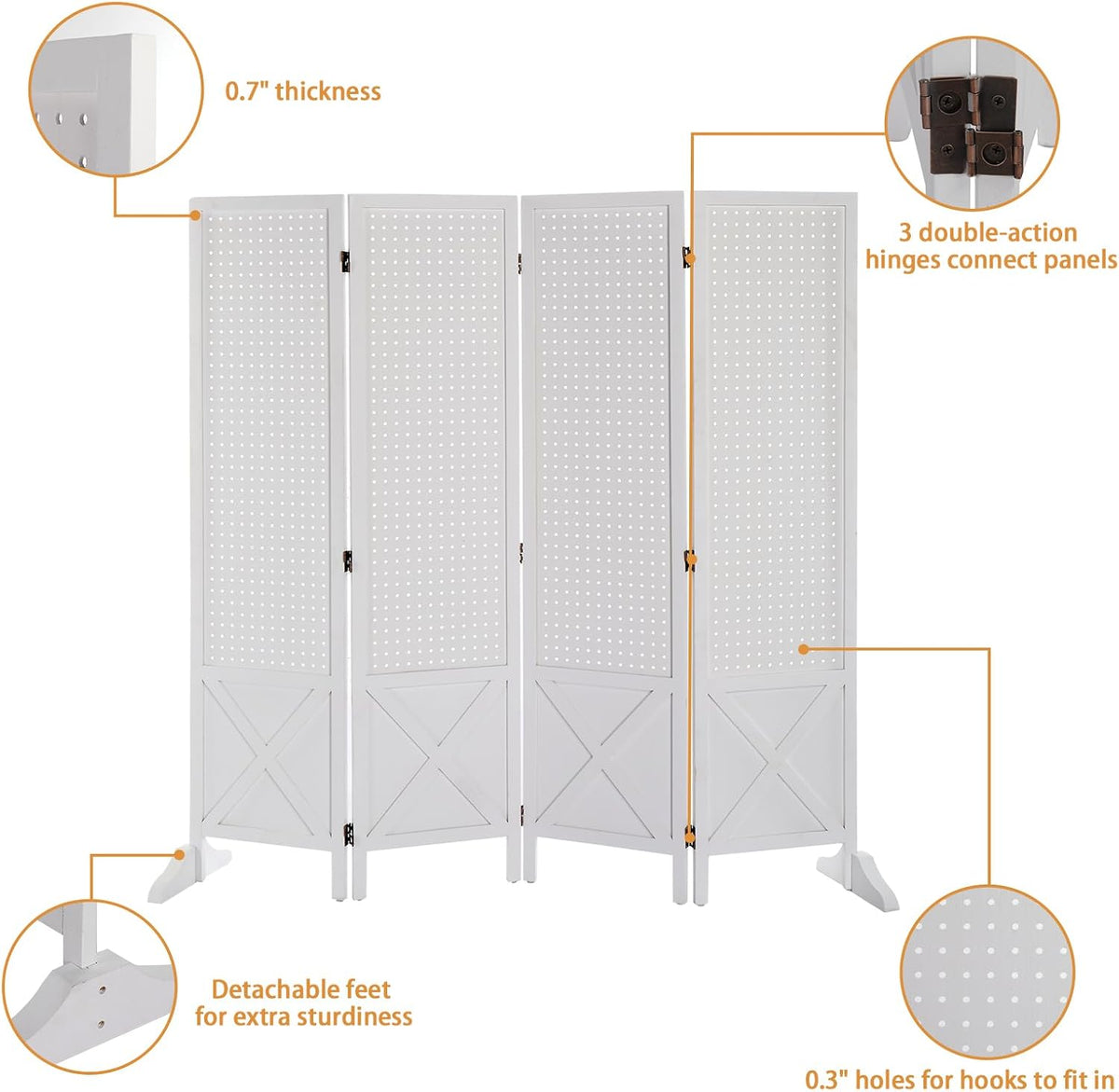 VINGLI Freestanding Pegboard with Support Feet, 5 FT Wood Room Divider Display Board Organizer, Folding Privacy Screen Partition Space Separator for Craft Shows Events Retail (White, 4 Panel)