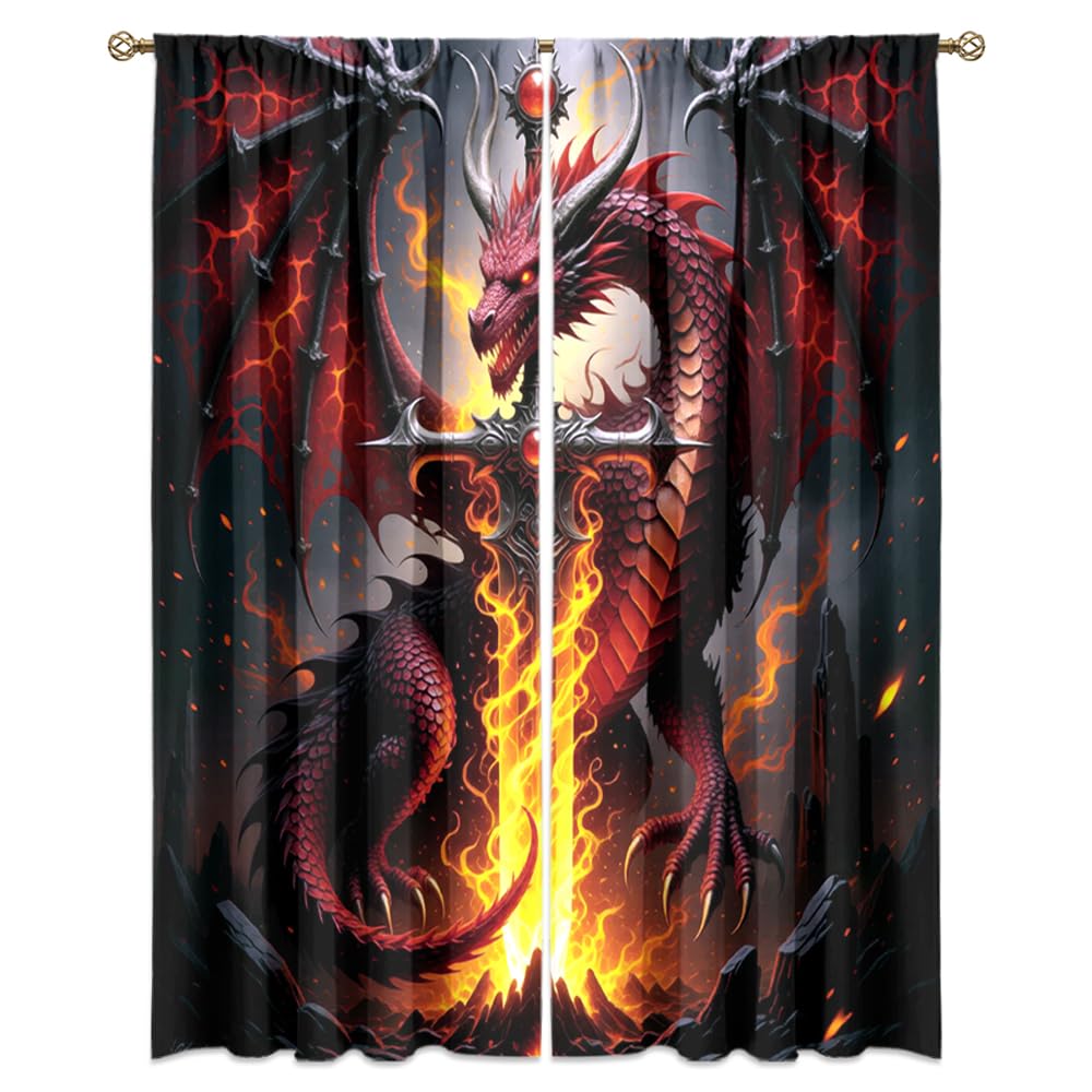 Traditional Ukiyoe Wildlife Dragon Curtains-Dreamy Ancient Japan Architecture Rod Pocket Back Tab Window Drapes,Japanese Samurai Thermal Insulated Blackout Curtain,2pcs,Each 52“W x 96”L