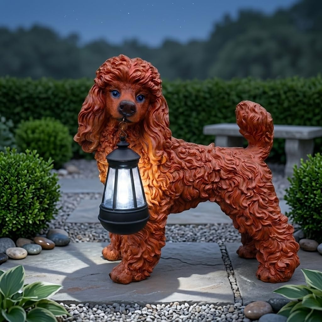 Lifelike Black and White Cocker Spaniel Garden Statue with Solar Lantern and Decorative Tag, Resin Puppy Figurine Outdoor Decor, Yard Art for Patio Lawn Porch