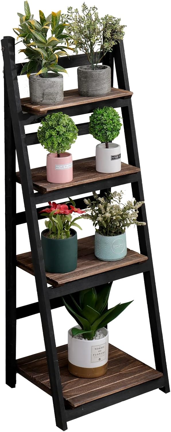 ACEHOME 4 Tier Ladder Shelf, Home Office Ladder Bookshelf 45.7 Inch, Solid Wood Bookcase, Freestanding Storage Organizer Rack, Industrial Shelf with for Bedroom, Living Room, Home Office-Black+Brown