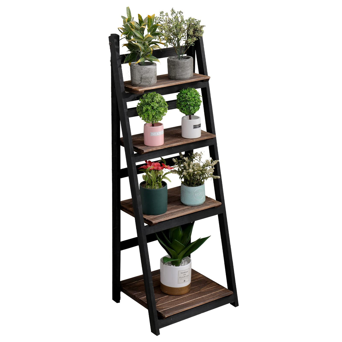 ACEHOME 4 Tier Ladder Bookshelf, 45.7 Inch Home Office Bookcase, Industrial Ladder Shelf, Freestanding Storage Organizer Rack, Solid Wood Shelf with for Bedroom, Living Room, Home Office-White