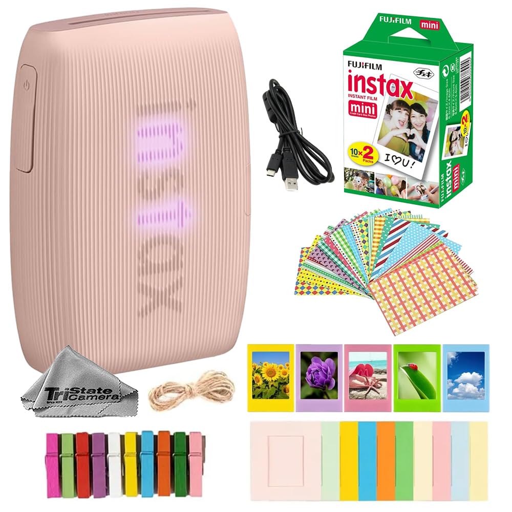 Fujifilm Instax Mini Link 3 Wireless Smartphone Photo Printer (Clay White) w/Mini Instant Film (20 Sheets) + Decorative Sticker Frames + Mini Desk Frame & Hang Clips -Bundle
