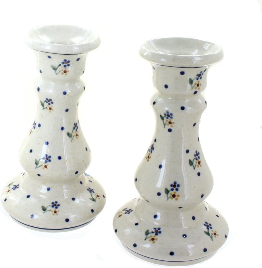 Blue Rose Polish Pottery - Green Mosaic Flower Candlestick Pair - 8" Tall - Hand-Painted Polish Pottery Ceramic Candle Holders