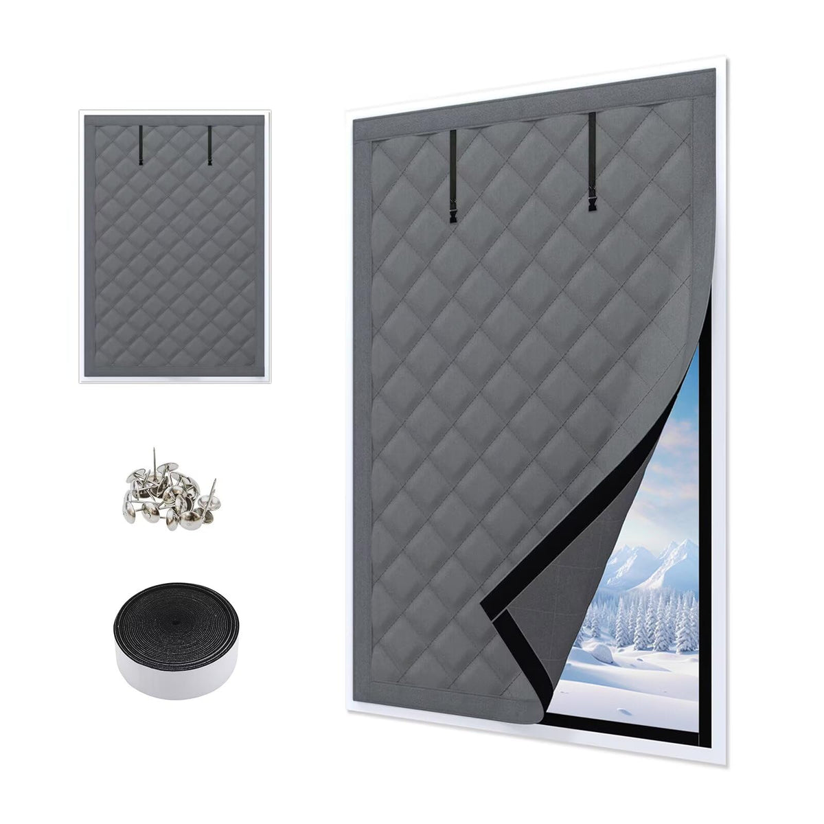 Winter Insulation Window Coverings - Size 49×69" - Oxford Cloth Winter Curtain Set - Freeze Proof Soundproofing Blackout with Tape - No Drilling Required - Gray