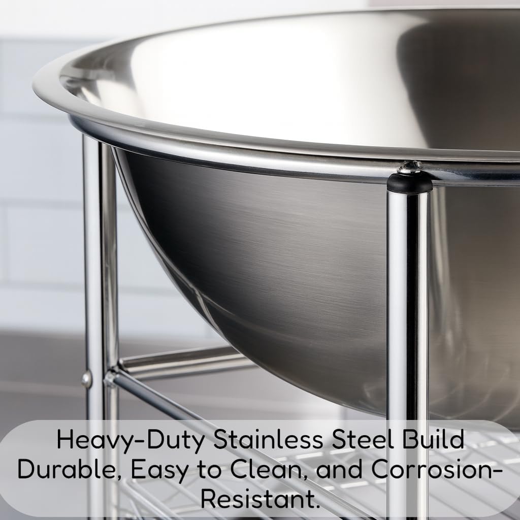 30 Qt. Stainless Steel Mixing Bowl and Stand Kit – Heavy Duty Commercial Mixing Bowl with Mobile Stand, Dual Shelves, and Locking Casters for Kitchen or Bakery Use
