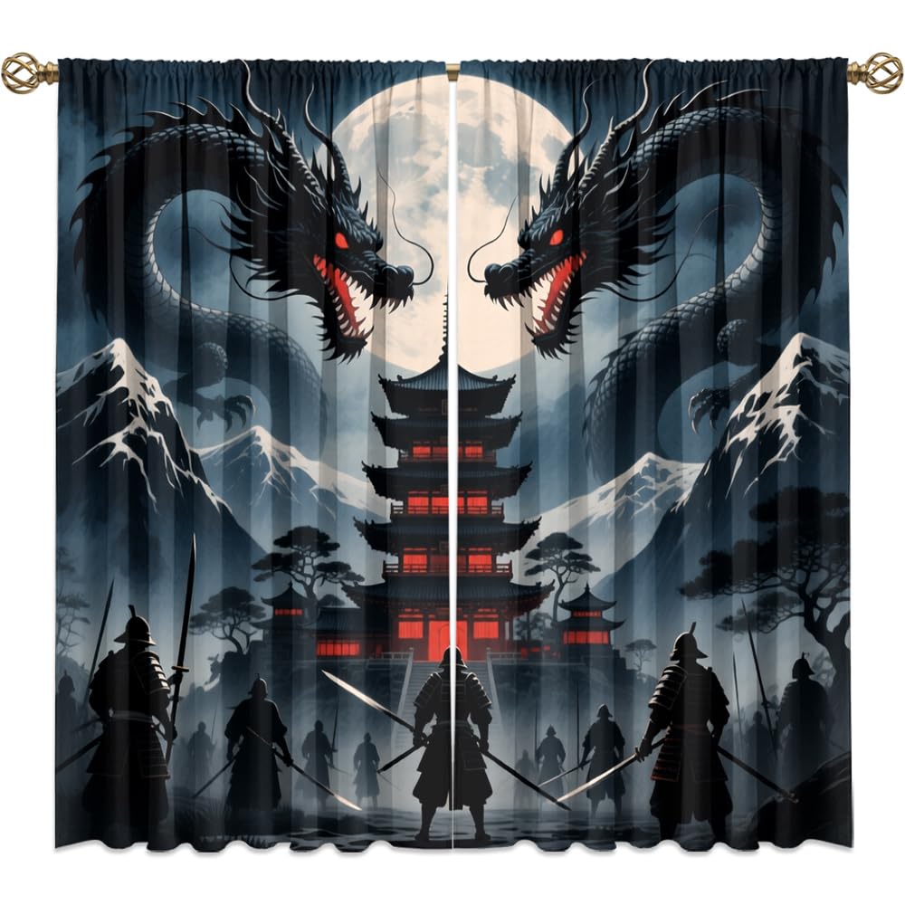 Fantasy Mythical Animal Dragon Curtains,Dreamy Galaxy Full Moon Room Darkening Blackout Window Treatment,Mythological Wildlife Dragon Rod-Pocket Privacy Curtains,2pcs,Each 52“W x 96”L