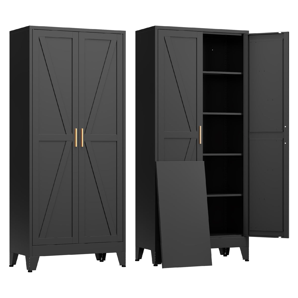 COFaR Black Farmhouse Storage Kitchen Pantry Cabinet with 2 Barn Door, 3 Adjustable Shelves and Legs, for Cupboard/Dining Room/Bathroom/Living Room/Office/Laundry Room (Black, 61" Farmhouse)