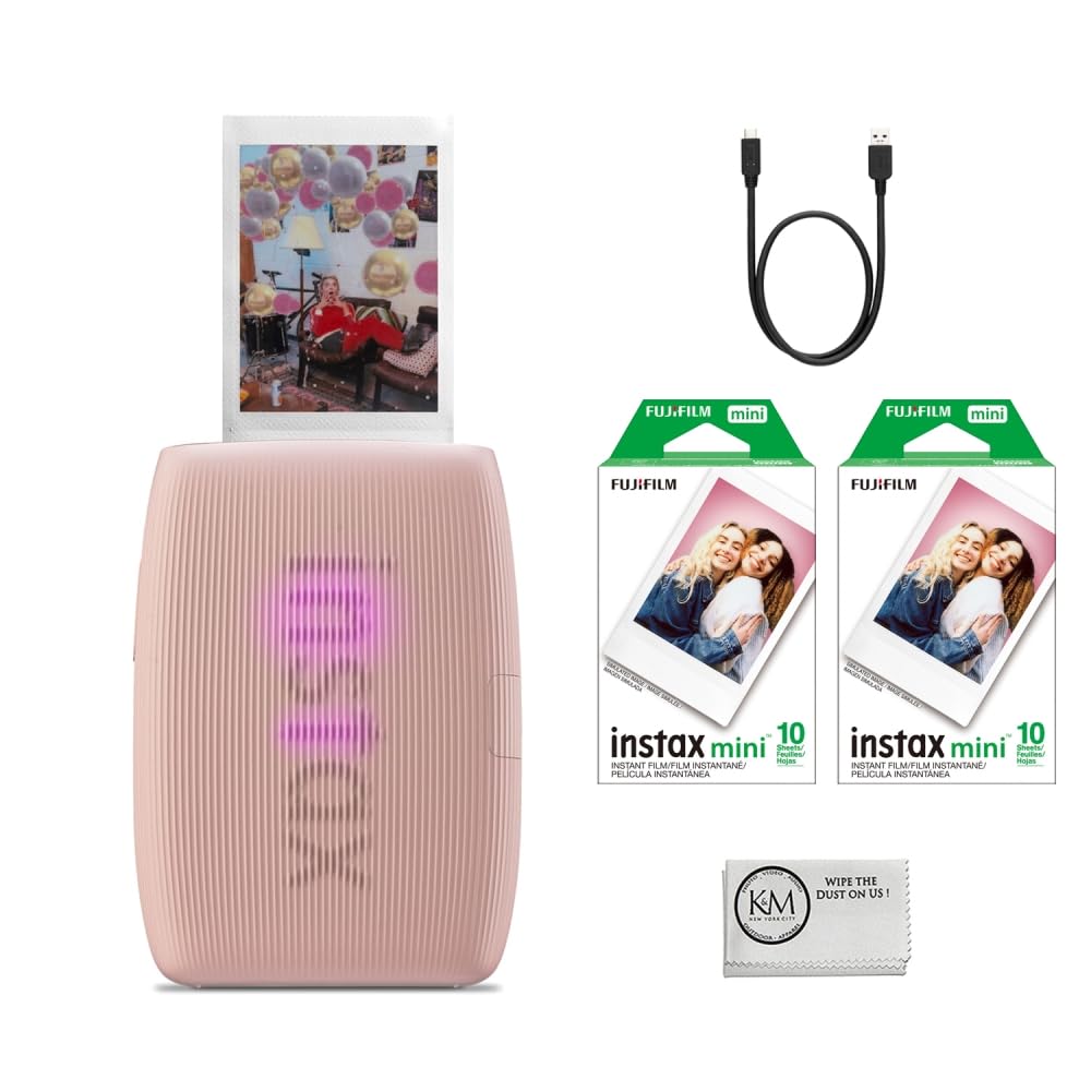 Fujifilm INSTAX Mini Link 3 Smartphone Printer | Rose Pink Bundled with INSTAX Mini Instant Film | 20 Exposures + Instax Mini Album, Borders, Stickers & Clips + Microfiber Cleaning Cloth (4 Items)