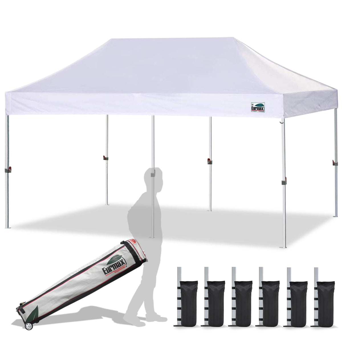 Eurmax USA 10x10ft Pop Up Canopy,Commercial Instant Tent for Outdoor Events,Patented No-Tip Rolling Storage Bag with 4 Sandbags,UV & Water Resistant,Heavy Duty Portable Shelter Gazebo,White