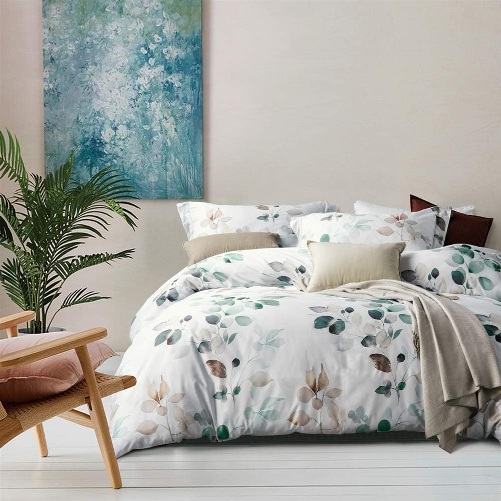 MILDLY White Floral Green Leaves Luxury Duvet Cover Set 3pcs King