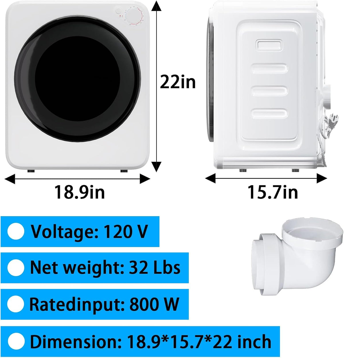 1.6 Cu.Ft Portable Clothes Dryer, 800W Fast Drying Front Load Laundry Dryer with 5 Mode, Mini Electric Clothing Dryer with Stainless Steel Tub, Compact Machine for Apartment, Home, Dorm
