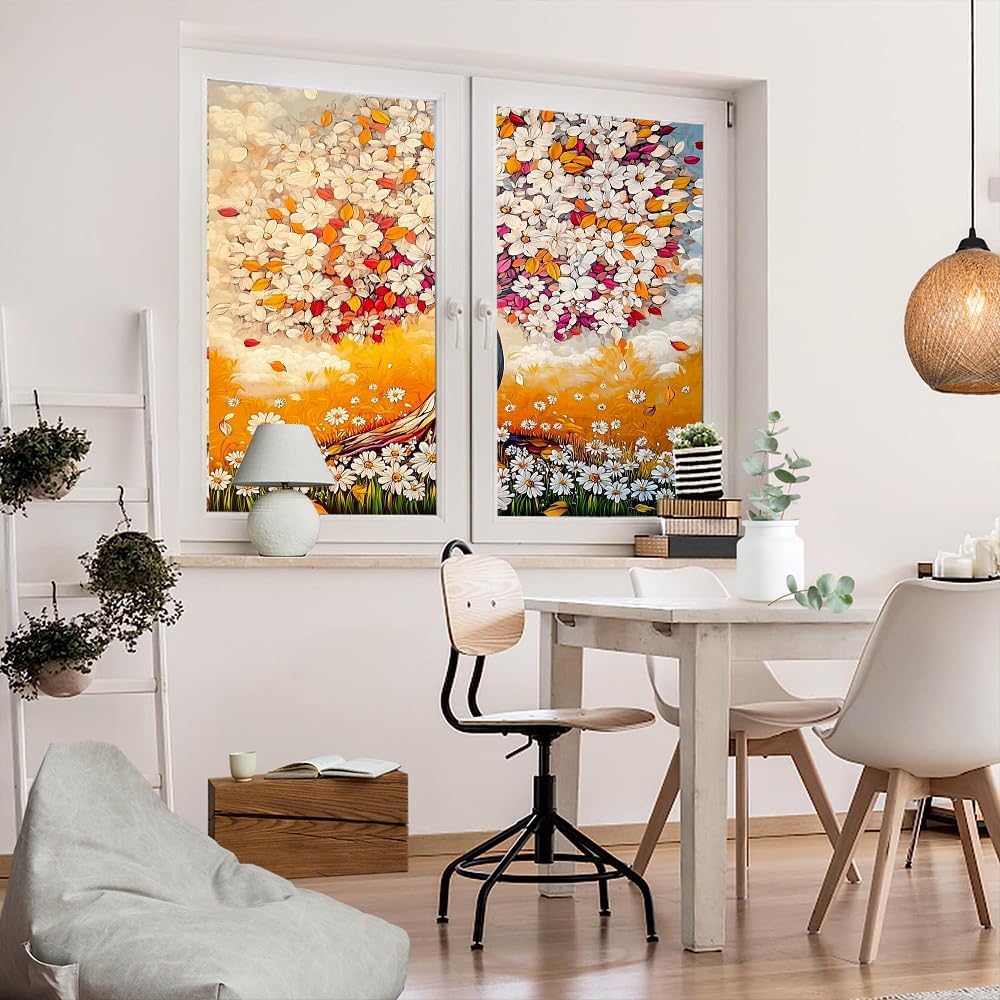 Aesthetic Tree Frosted Stained Glass Window Film 35.4Wx55.1L inch x 2pcs