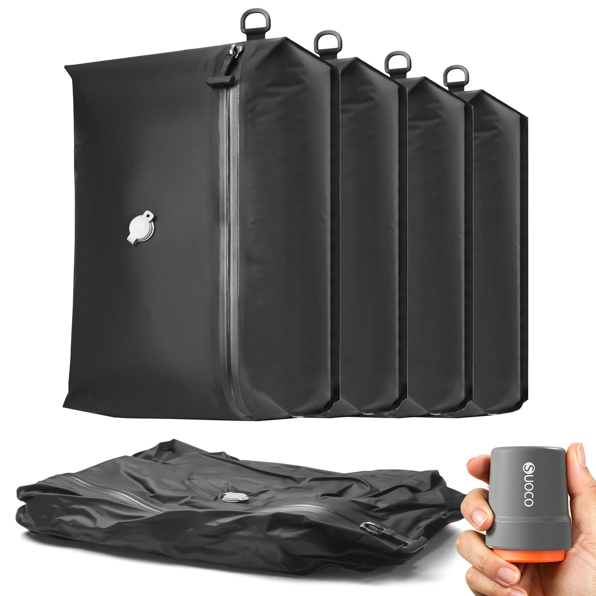 SUOCO Travel Pack Vacuum Kit, Vacuum Seal Bags for Clothing Travel with Cordless Pump, Carry-on Size Compression Packing Cubes for Luggage Suitcase Backpack, 4 Large