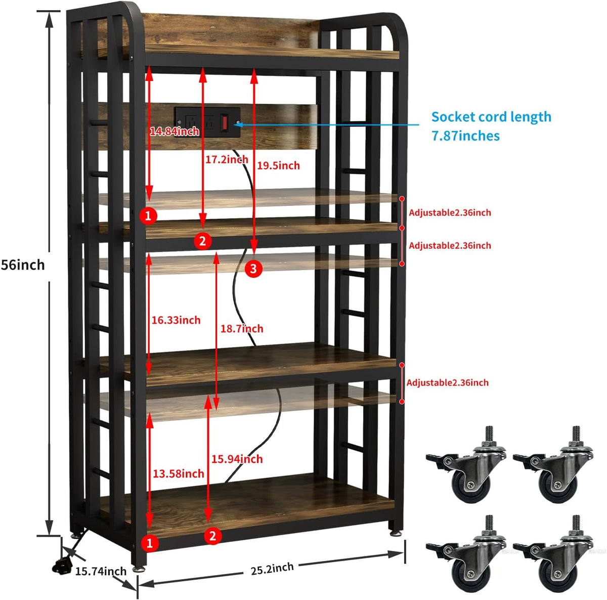 SIREDEEP Bakers Rack with Power Outlet ，4-Tier Kitchen Baker's Rack,Microwave Stand with Storage Suitable for Kitchen, Living Room, Dinning Room，Coffee Bar(Rustic Brown)