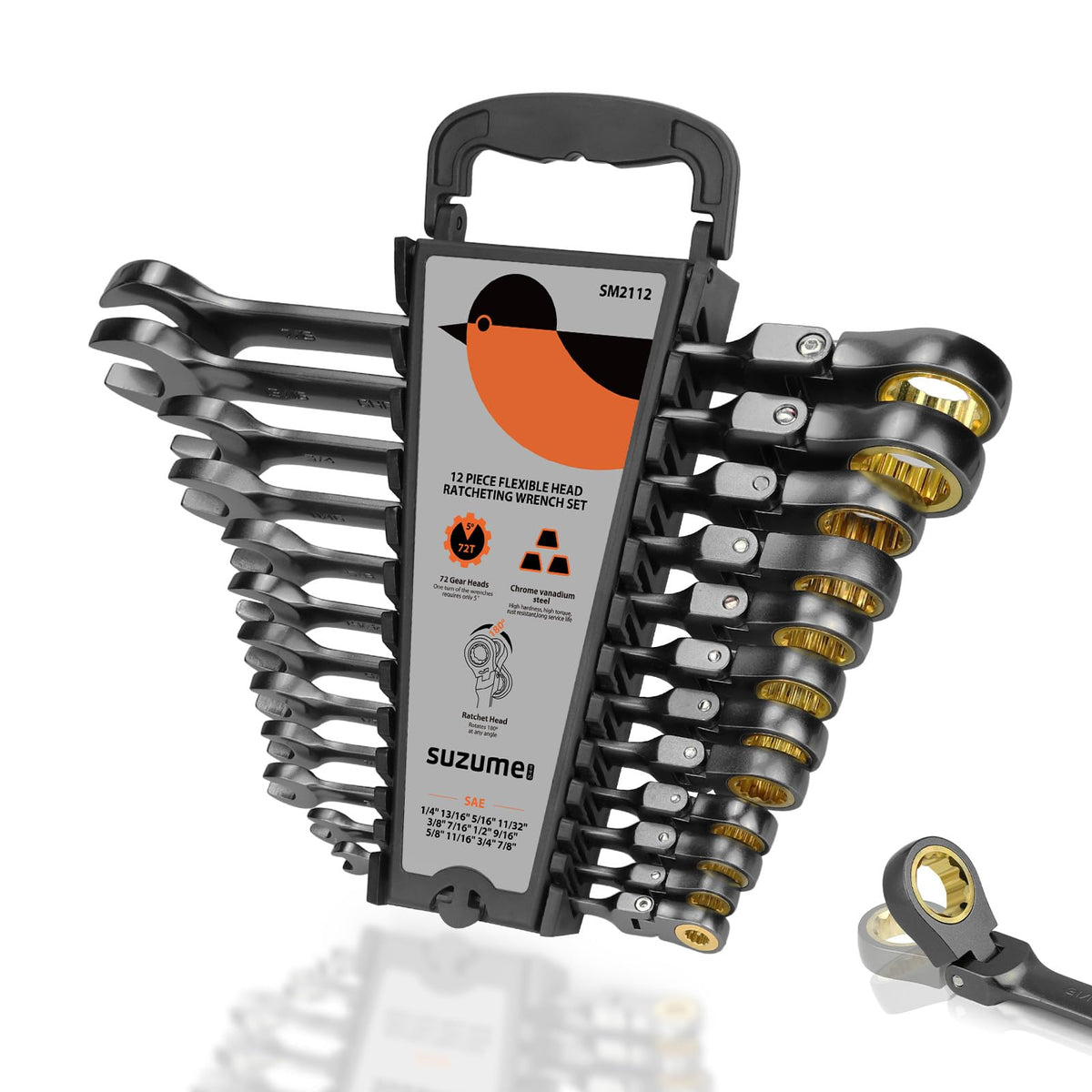 SUZUME 24-piece Flex Head Ratcheting Wrench Set Metric & SAE 180° flexible