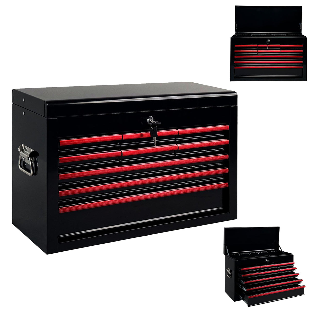 4 Drawers Metal Tool Box, 21" Portable Steel Tool Chest w/Key Lock&Latch Closure, Multi-Function Top Storage Tray Toolbox w/Powder Coating&Ball Bearing Slides (Style 1-4 Drawers - Blue)