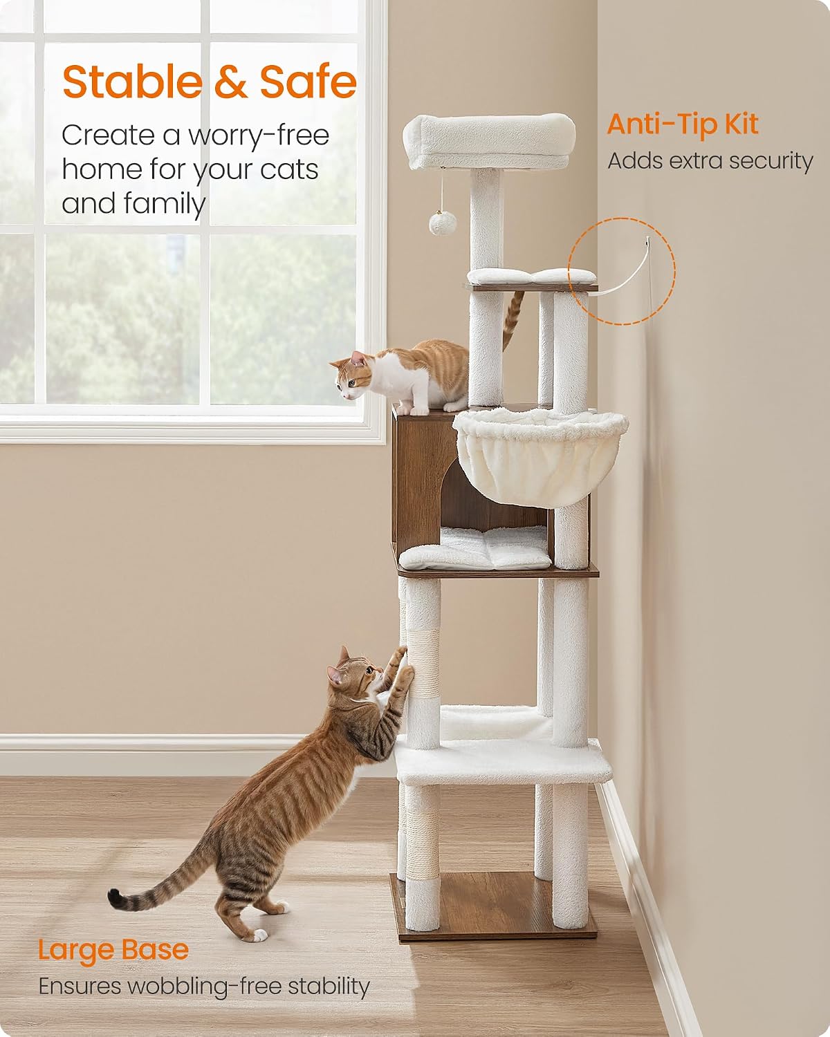 Feandrea Cat Tree, 65-Inch Tall Cat Tower, Multi-Level Condo with Cave
