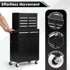 5-Drawer Rolling Tool Box with Lockable Wheels, Tool Chest with Detachable Tool Box, 4 Hooks, and Liner, Heavy-Duty Metal Tool Cart for Garage and Workshop Storage, Black