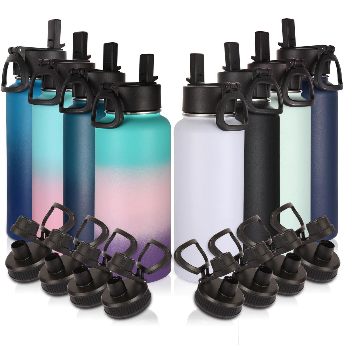 Volhoply 32oz Insulated Water Bottle with Straw Lid, Black, 8-Pack