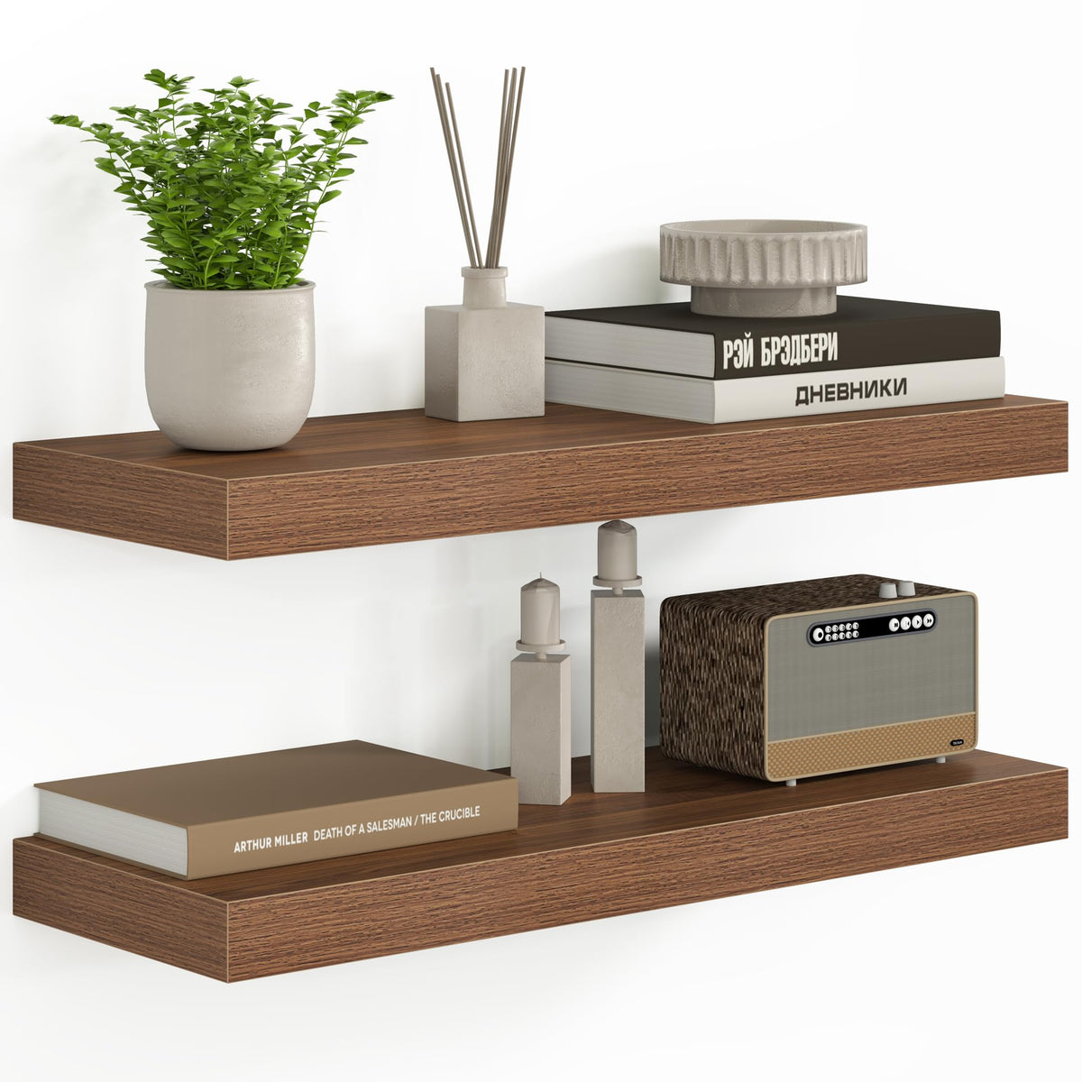 Fun Memories Floating Shelves - 2 Pack 12 Inch Rustic Wooden Wall Shelves - Extra Deeper & Thicker Wall Mounted Storage Shelf for Living Room, Kitchen, Farmhouse - 36" W x 12" D x 1.8" H - Brown