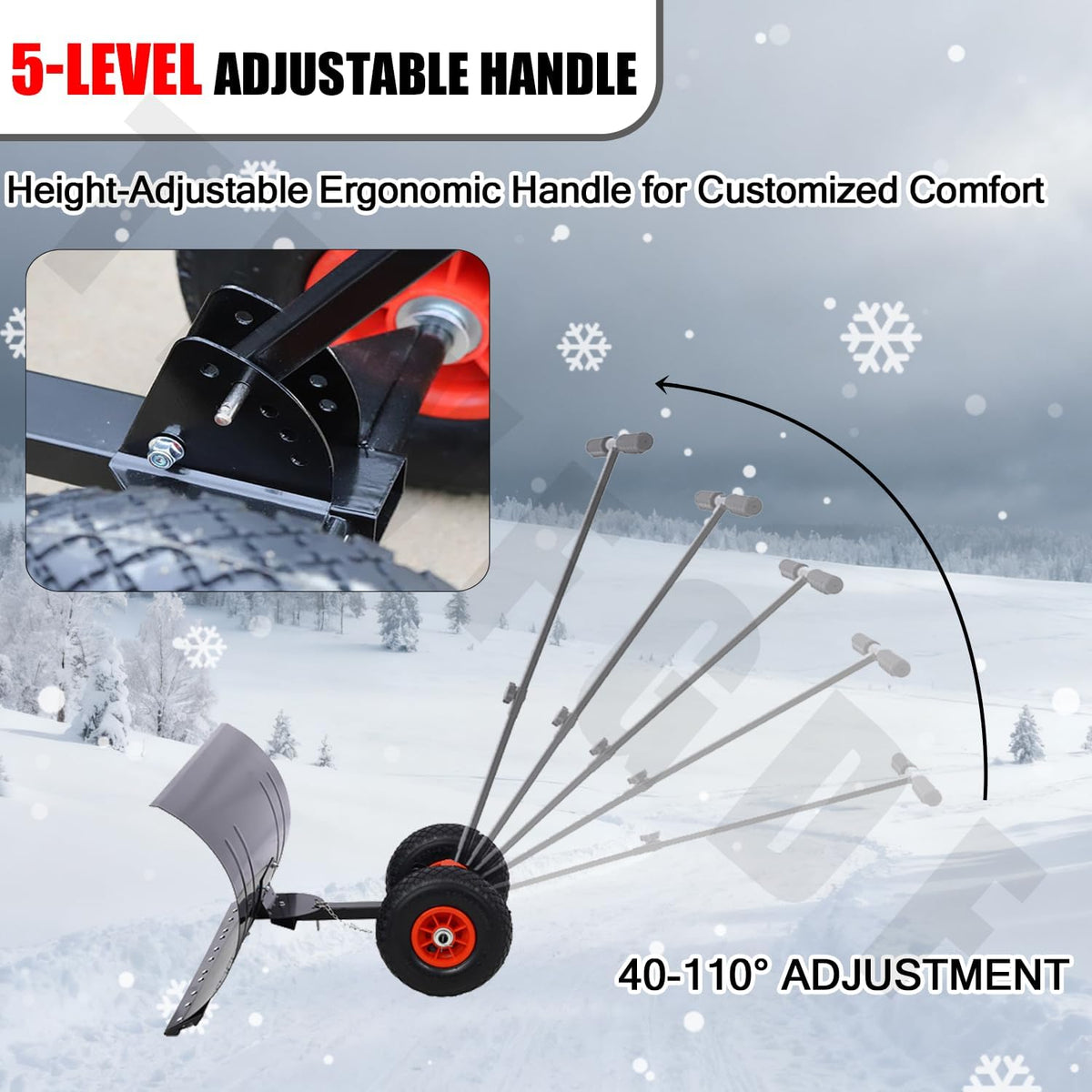 Snow Pusher with Wheels, 29" Wide Snow Shovel for Driveway, 5-Position Angle & Height Handle Ergonomic Design for Back-Save Effort Snow Removal (Single Rod-W 29'')