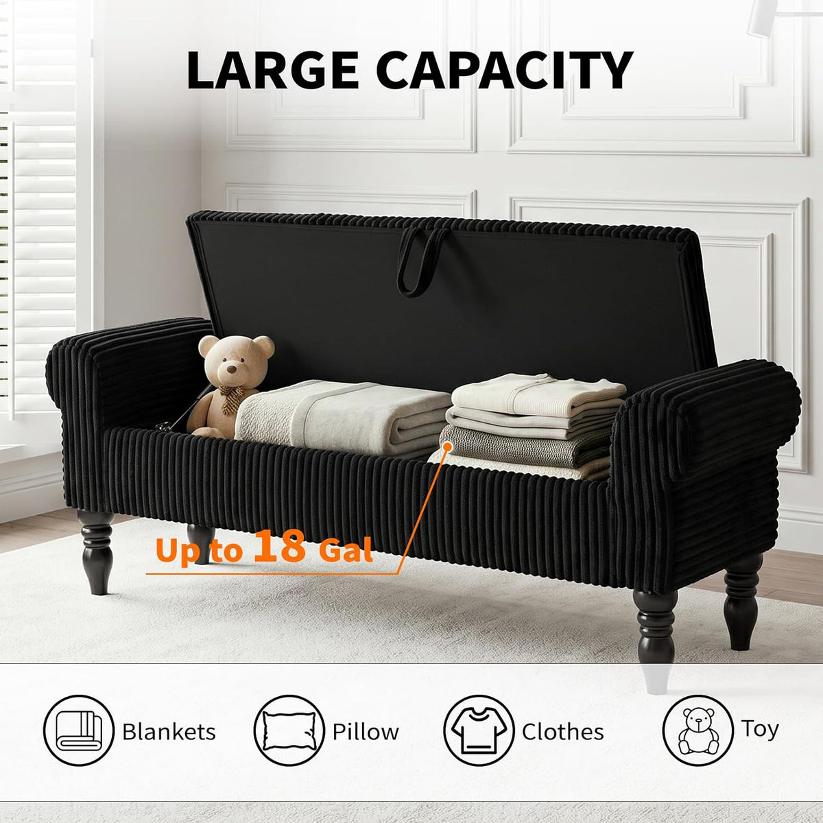 60" Corduroy Storage Bench, Queen End of Bed, Black