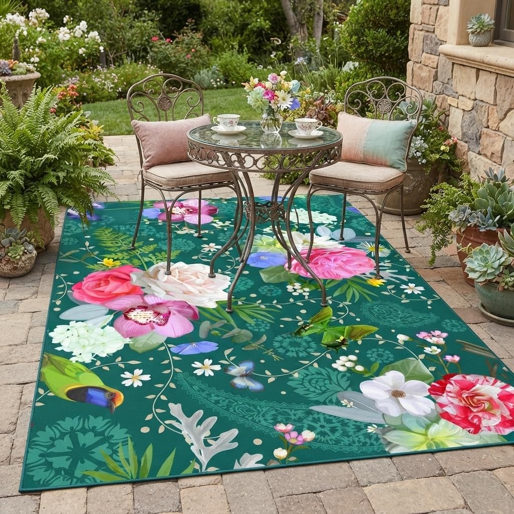 Beautiful Elegant Multicolor Outdoor Rug 7x10 Natural Floral Butterfly Texture Waterproof Thin No Shedding Easy Care Outside Rugs for Patios Deck Pool Garden Balcony Backyard Beach Floor Mat