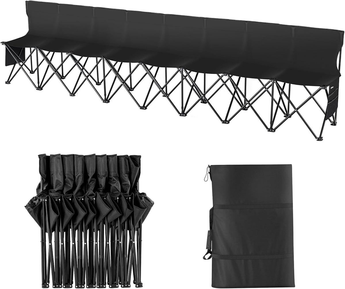 VEVOR Portable Folding Bench, 8 Seats Foldable Sideline Bench, Outdoor Camping Chair with Carry Bag & Backrest, Team Sport Sideline Bench for Football Fishing, No Assembly Instant Seating, Black