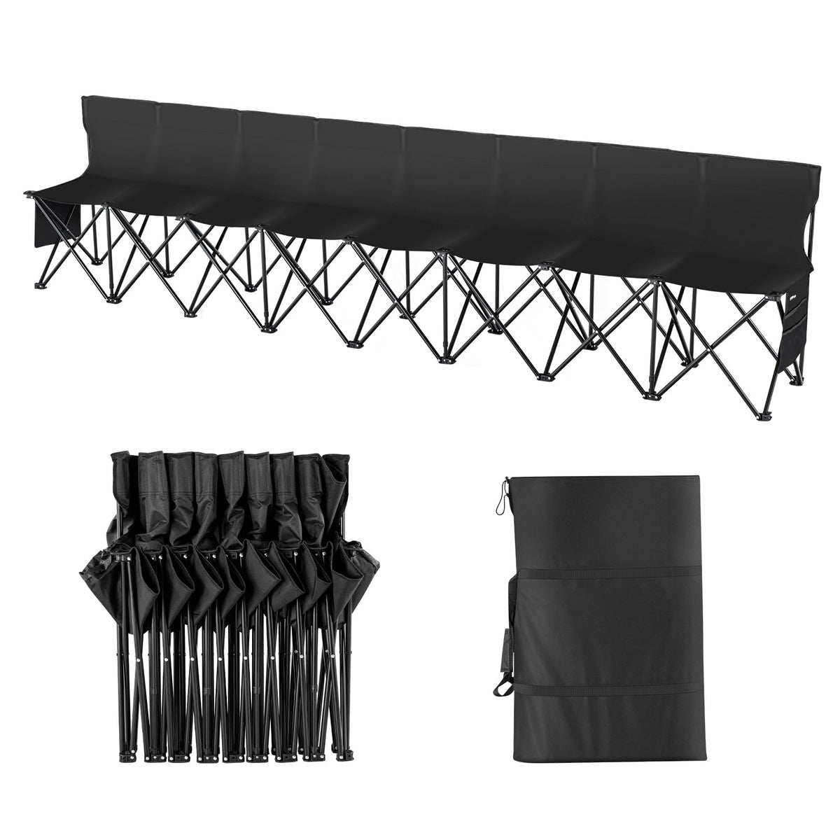 VEVOR Portable Folding Bench, 8 Seats Foldable Sideline Bench, Outdoor Camping Chair with Carry Bag & Backrest, Team Sport Sideline Bench for Football Fishing, No Assembly Instant Seating, Black