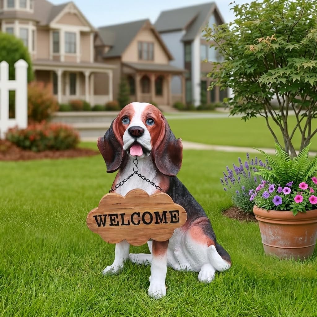 Lifelike Black and White Cocker Spaniel Garden Statue with Solar Lantern and Decorative Tag, Resin Puppy Figurine Outdoor Decor, Yard Art for Patio Lawn Porch