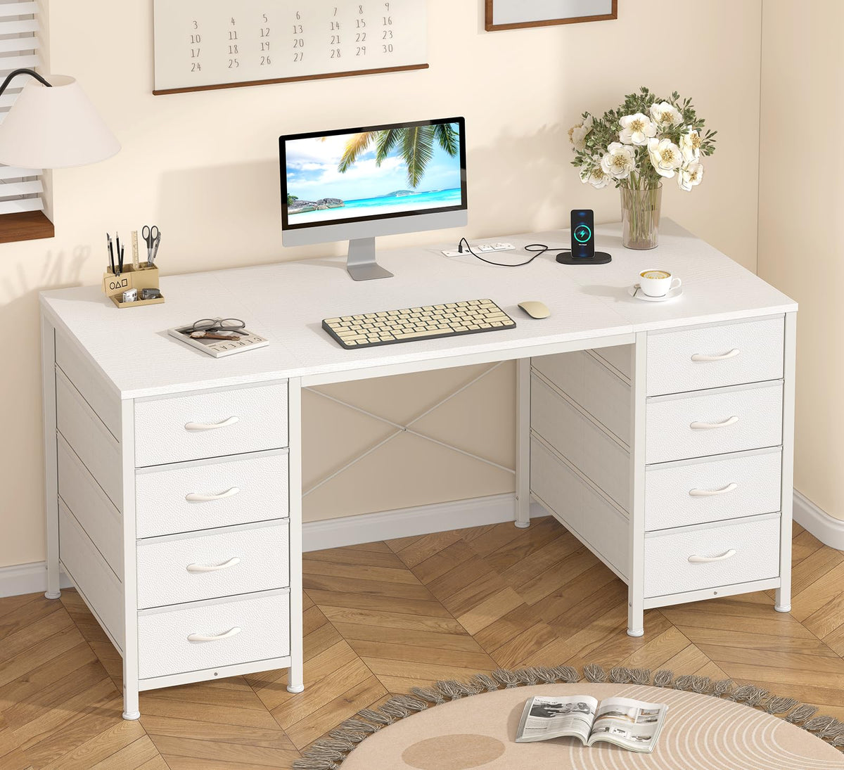 50 Inch Computer Desk with 8 Drawers for Home Office, Bedroom, Living Room