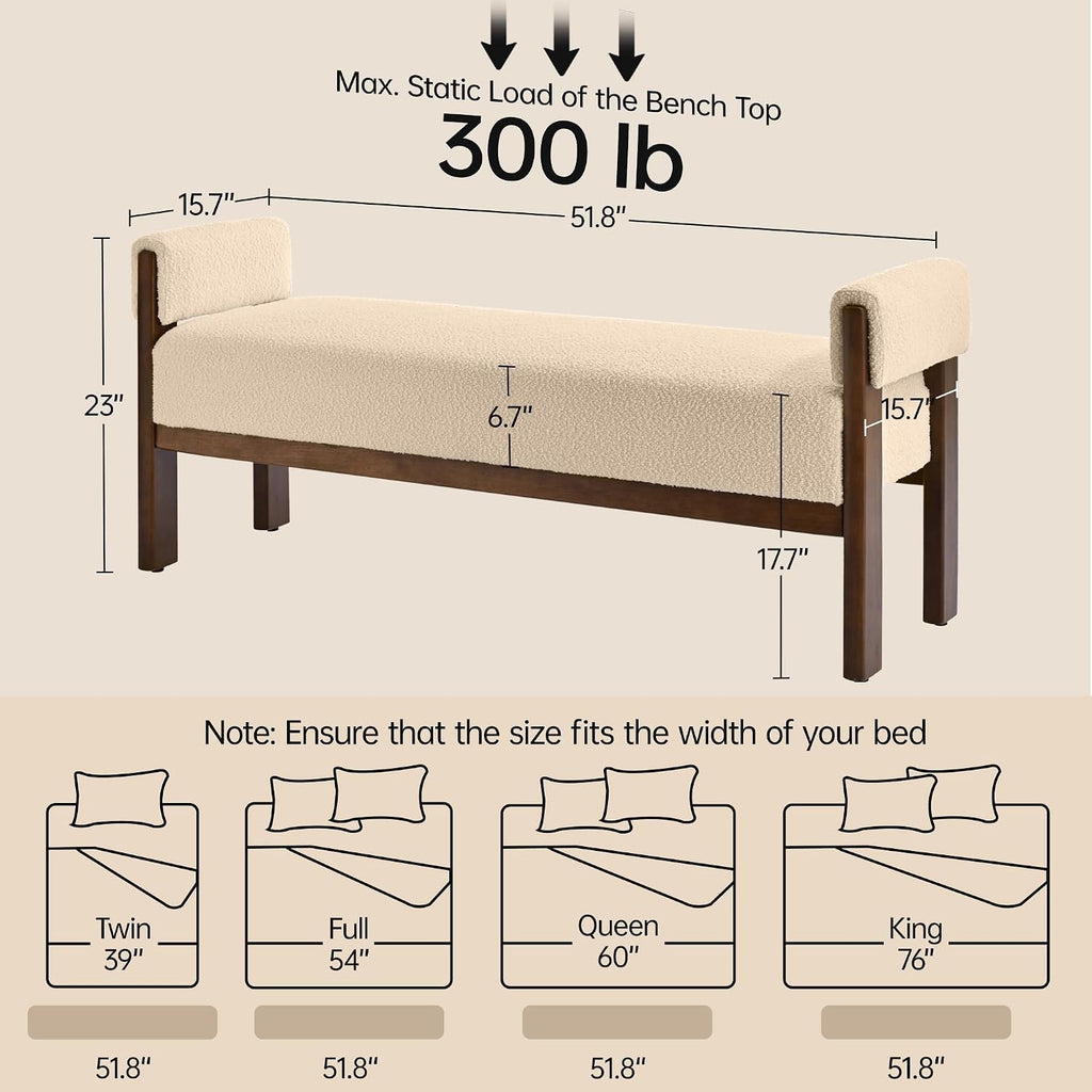 VKNOW 51.8”End of Bed Bench Upholstered Bedroom Bench with Arms, Brown