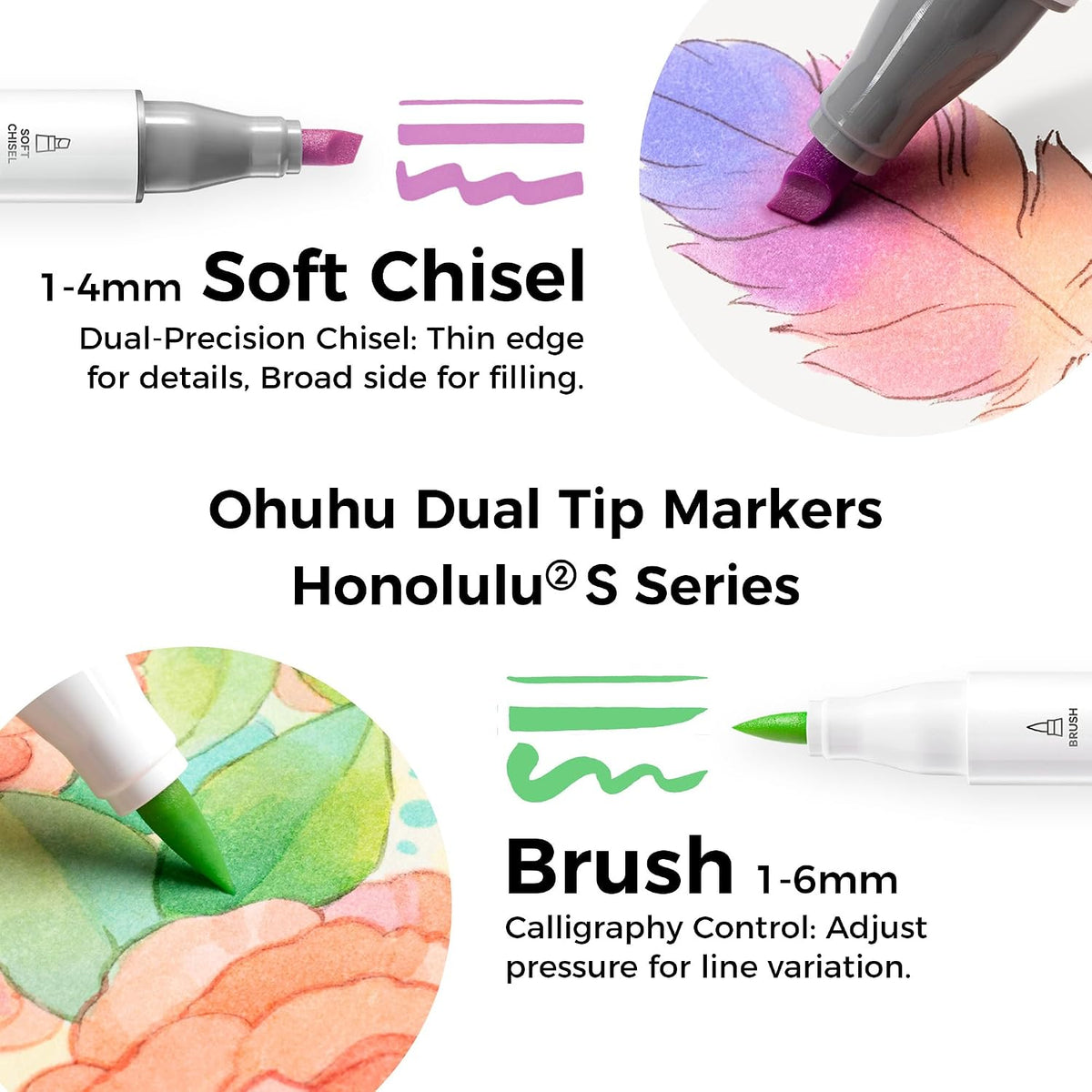 Ohuhu Alcohol Markers 96 Pastel Colors Brush Soft Chisel for Adults Drawing