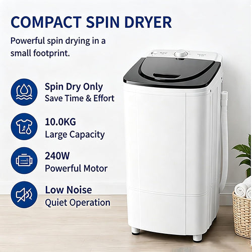 10KG Portable Spin Dryer, 1000RPM Compact Clothes Spinner with Stainless Steel Drum, Built-in Blue Light and Powerful Motor for Apartments, RVs and Small Spaces
