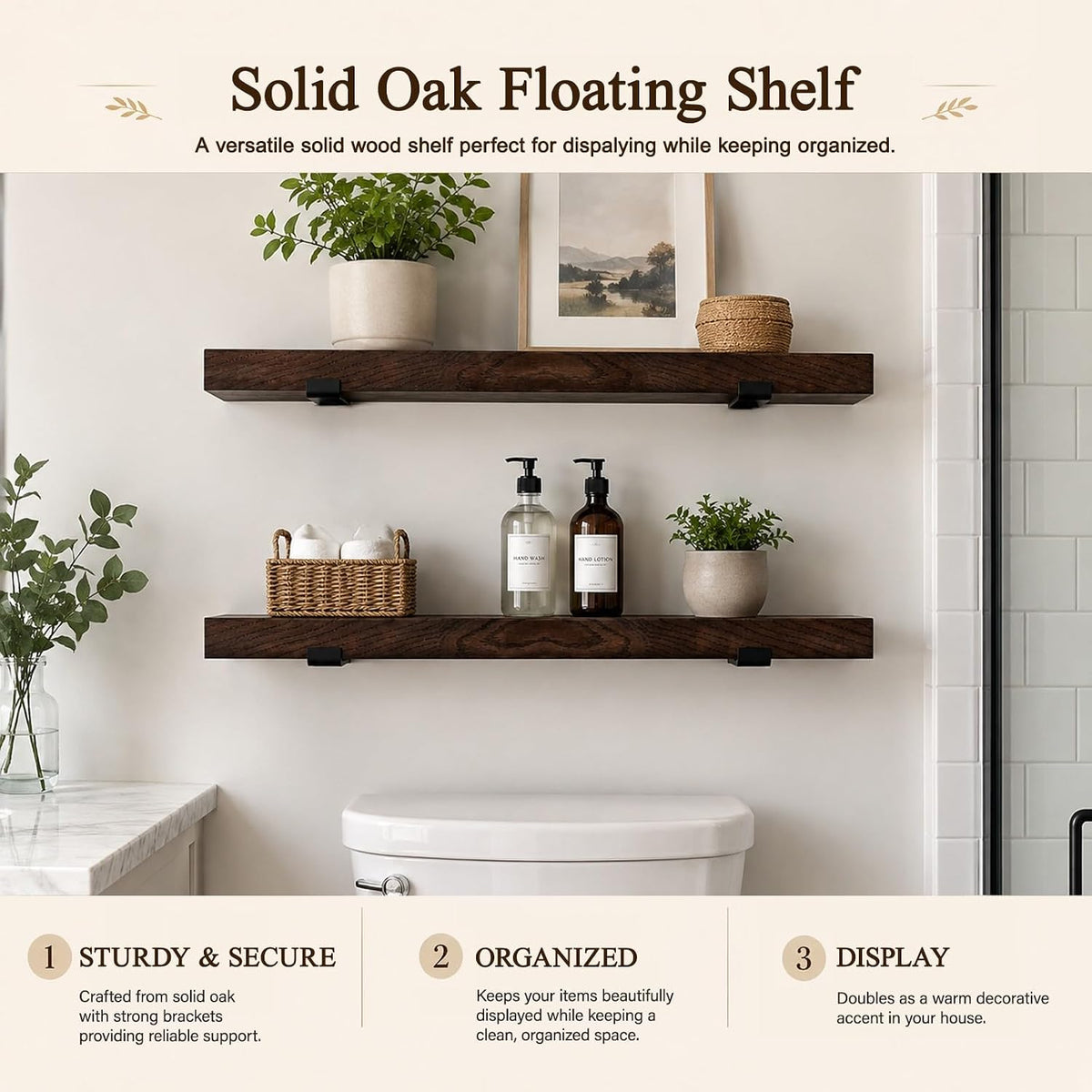 CONSDAN Floating Shelves, USA-Grown Solid Oak Hardwood Wall-Mounted Shelf for Bedroom/Bathroom/Living Room/Kitchen, Wall Shelves Over Toilet, 16x7.5x1.5 in, Dark Oak