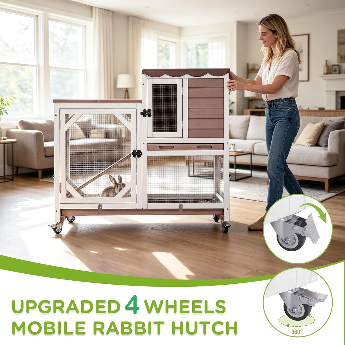 Gutinneen 2-Story Rabbit Hutch with Chew-Proof Ramp & Leak-Proof Trays - Indoor/Outdoor 39.3" Wooden Rabbit Cage with Wheels for Rabbits, Guinea Pigs