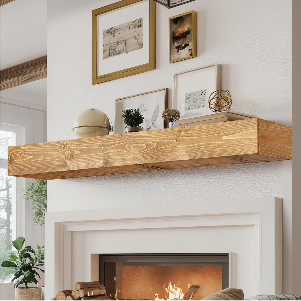 60x8x3in Rustic Fireplace Mantel Pine Wood, Weathered Brown