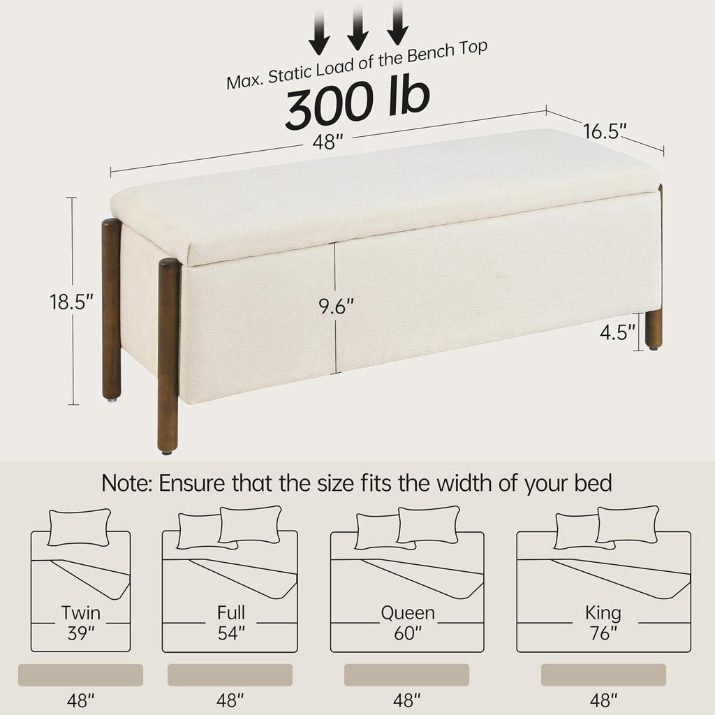 Usaint 47" Fabric Upholstered End of Bed Storage Ottoman Bench, Beige