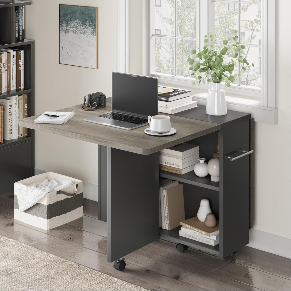 IDEALHOUSE FoldingTable, Drop Leaf Dining Table with 6 Wheels and 2-Layer Storage Shelf, Space Saving Table for Small Spaces (Slate Oak, 47.2" D x 23.6" W x 29.5" H)