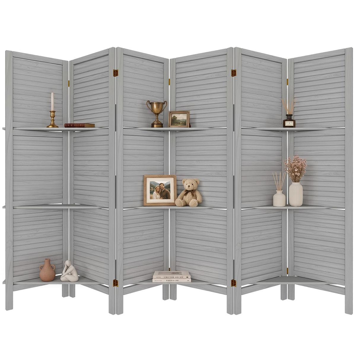 TEAKMAMA Room Divider, Room Divider with Shelves, 4 Panel,Distressed White