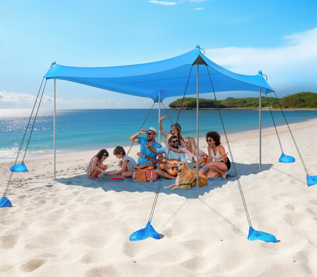 Rhino Valley 10 x 10 FT Beach Tent UPF50+ with 8 Sandbags 4 Poles, Sky Blue