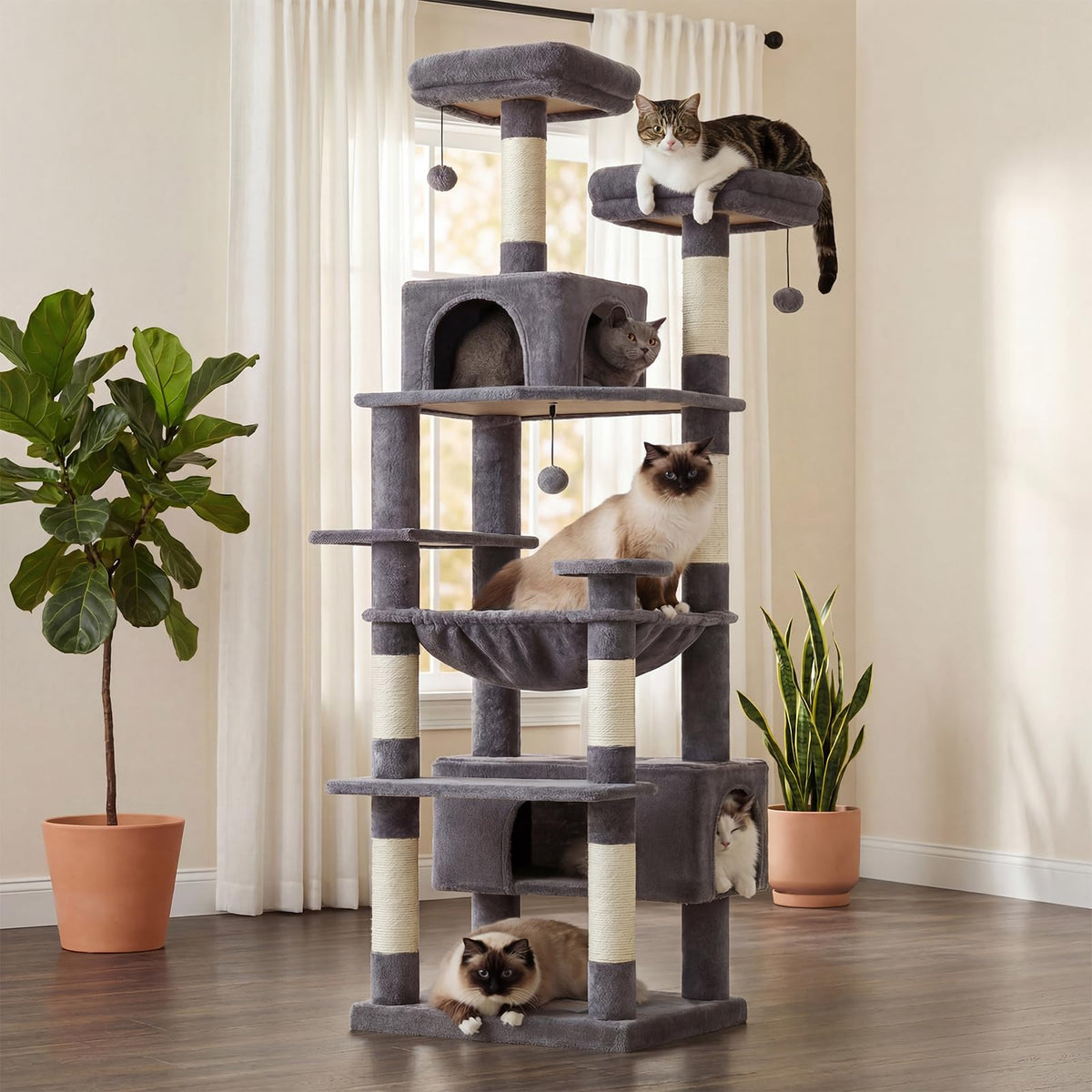 PAWZ Road Flower Cat Tree 72" Cat Tower with Condos&Hammock for Large Cats