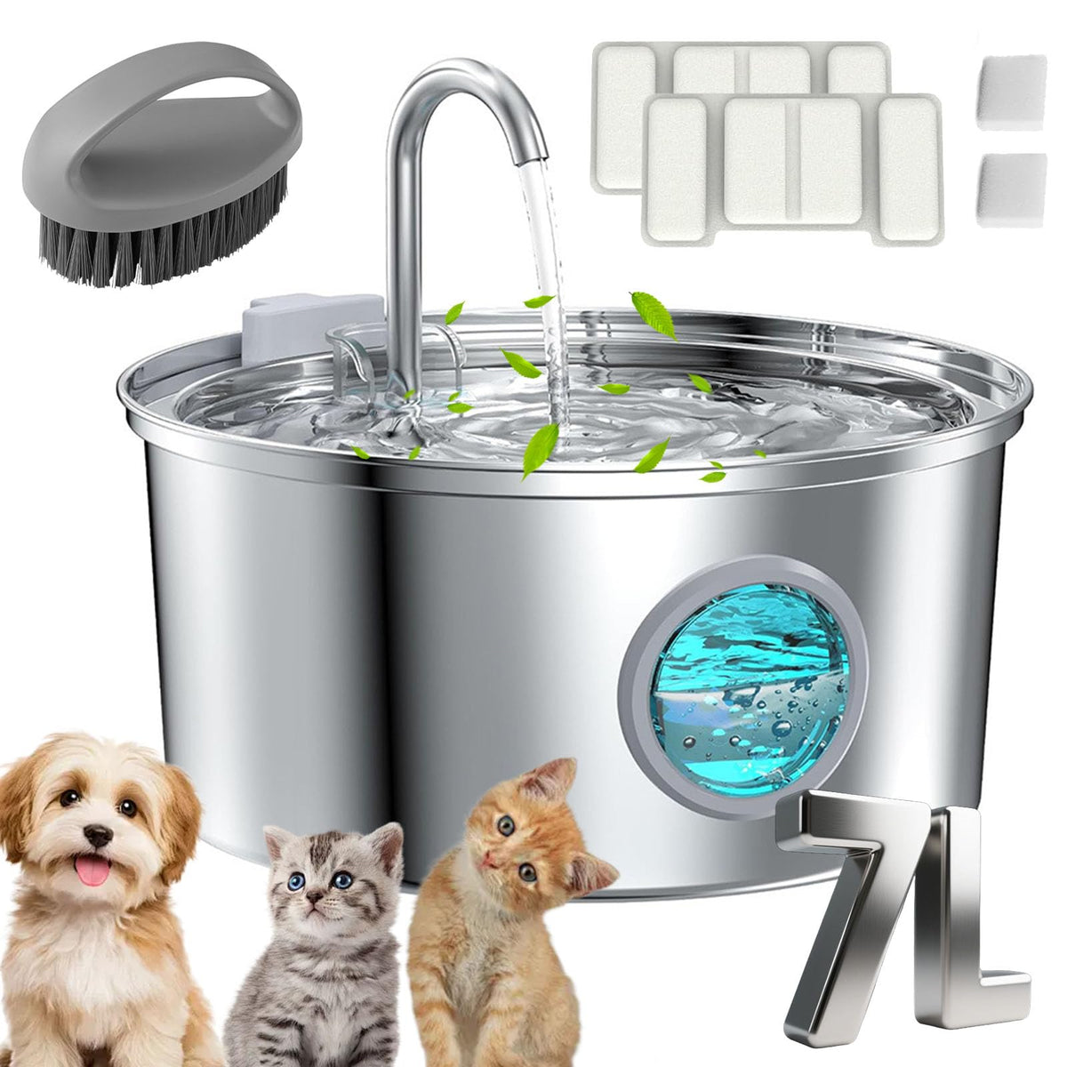 Cat Fountain, 3.2l/7l Water Fountain for Small Dogs, Super Quiet Stainless Steel Fountain Water Bowl for Small Cats Dogs (Silver, 7L-with 10 Filter Element)